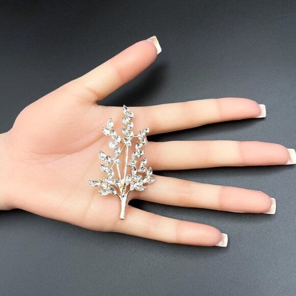 Rose Gold with White Diamond Crystal Tree Branch with Leaves Pin Back Brooch - Picture 9 of 9